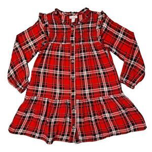 Cat & Jack Girls Red/Black Plaid Button Front Holiday Dress Medium M 7/8 pockets
